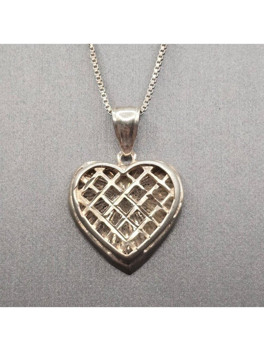 Vintage Sterling Silver Heart Lattice Pendant Necklace 18" Box Chain Signed SA